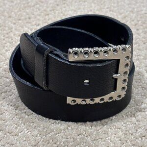 Boston Traders Leather Belt Boho Black Scalloped Silver-tone Buckle LARGE #98390